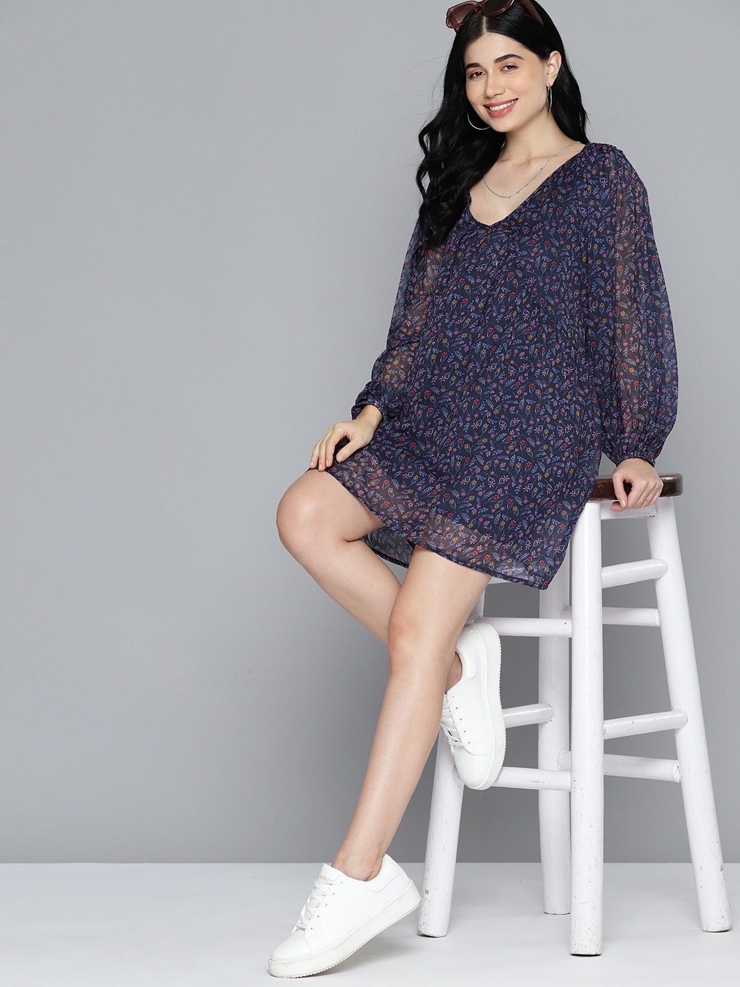 

Mast & Harbour Floral Print Puff Sleeve Chiffon A-Line Dress, Navy blue