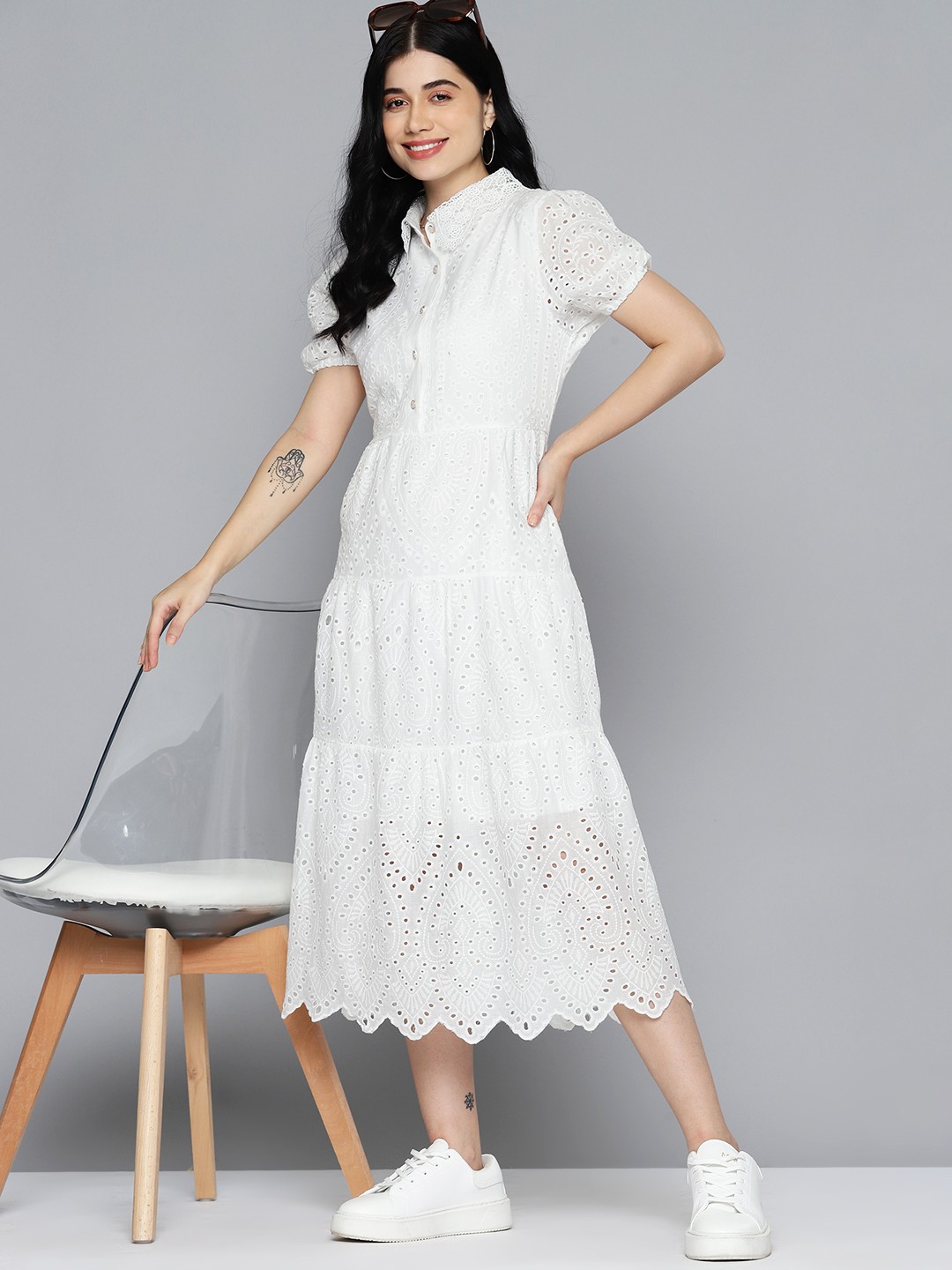 

Mast & Harbour Self Design Puff Sleeve A-Line Midi Dress, White