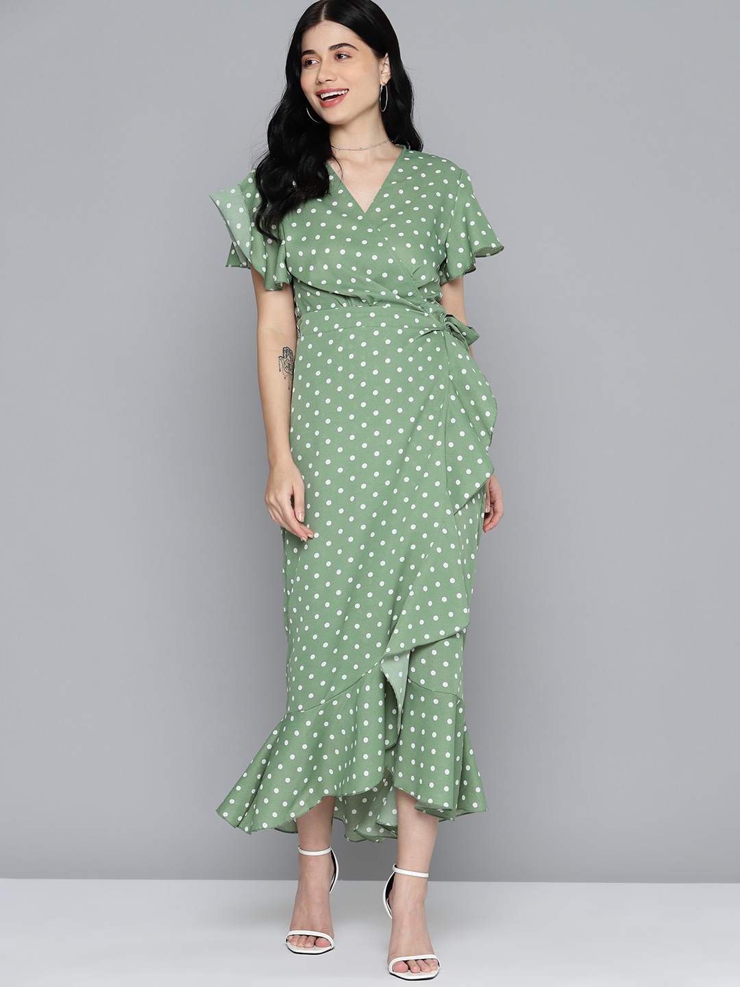 

Mast & Harbour Polka Dot Print Flutter Sleeve Crepe Maxi Dress, Green