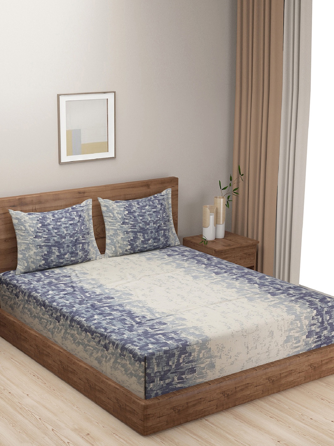 

SWAYAM Blue & Off-White Zinnia Abstract Print Mercerized Cotton 250 TC Double Bedsheet Set