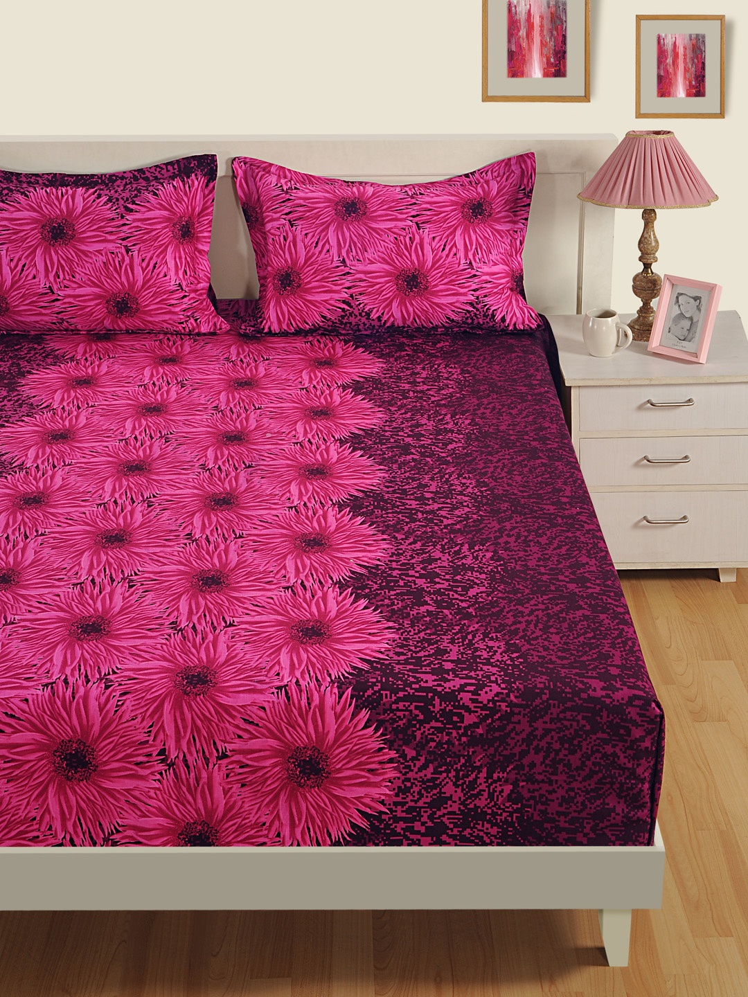 

SWAYAM Pink Floral Flat 250 TC Cotton 1 King Bedsheet with 2 Pillow Covers