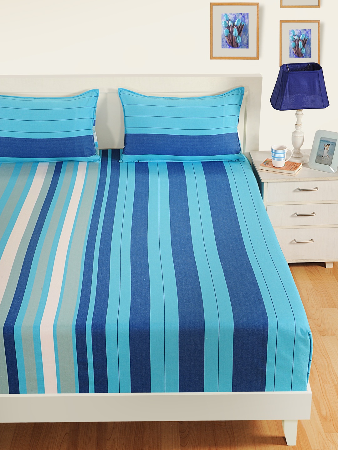 

SWAYAM Blue & Navy Blue Striped Flat 180 TC Cotton 1 King Bedsheet with 2 Pillow Covers