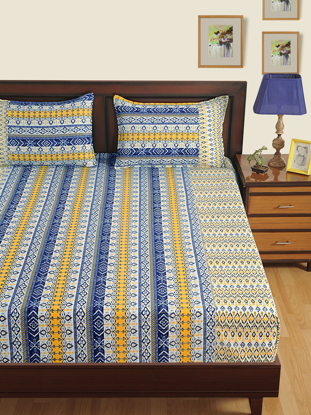 

SWAYAM Blue & Yellow Striped Flat 200 TC Cotton 1 King Bedsheet with 2 Pillow Covers
