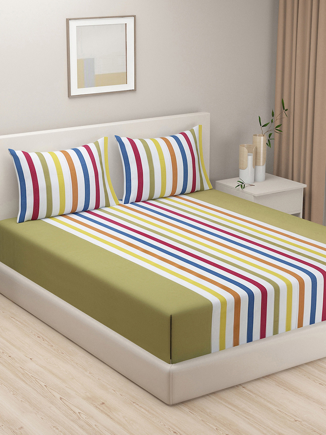 

SWAYAM Green Megical Linea Striped 240 TC 100% Cotton Double Bedsheet Set