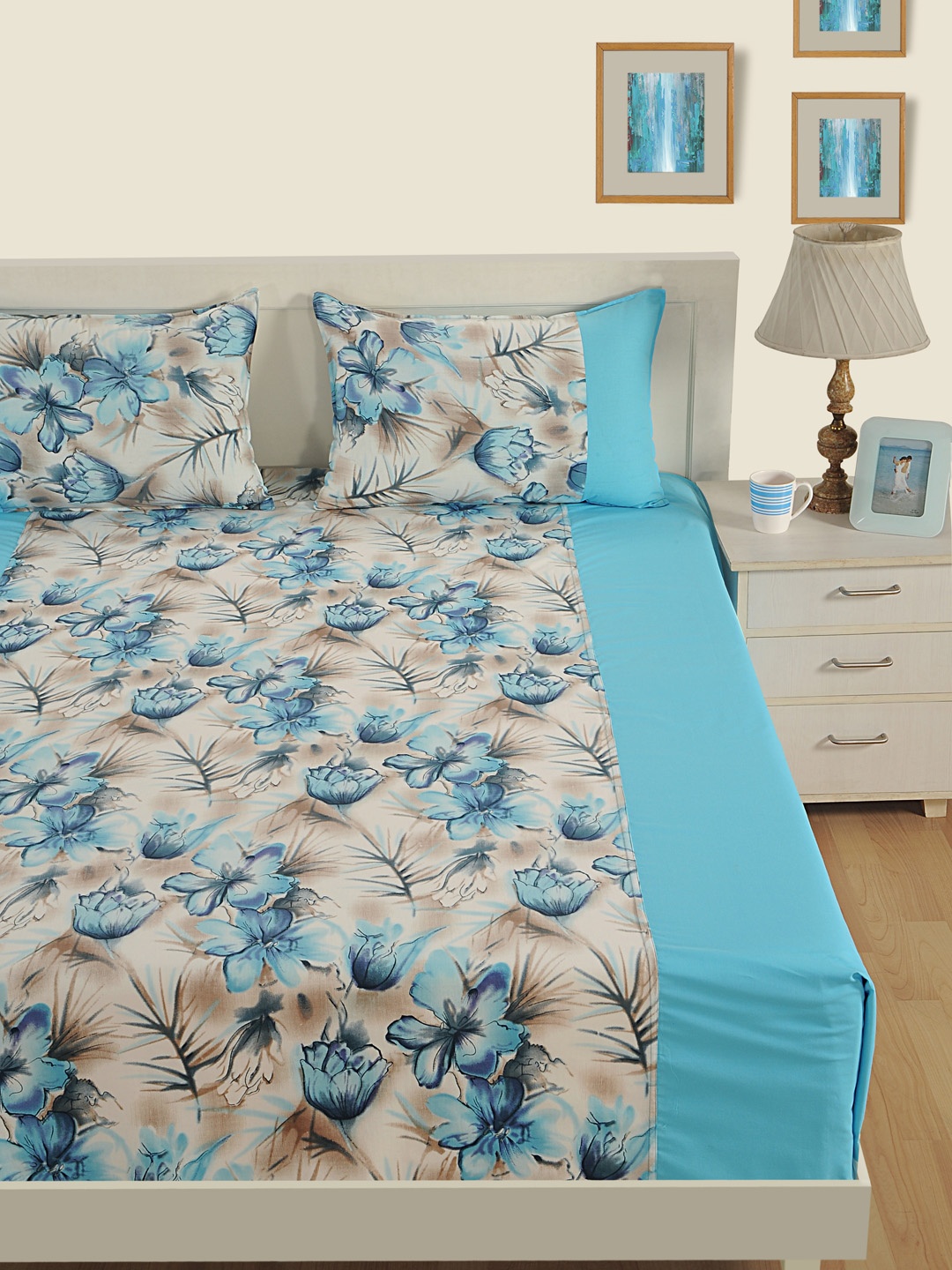 

SWAYAM Blue & Off-White Floral Flat 200 TC Cotton 1 King Bedsheet with 2 Pillow Covers