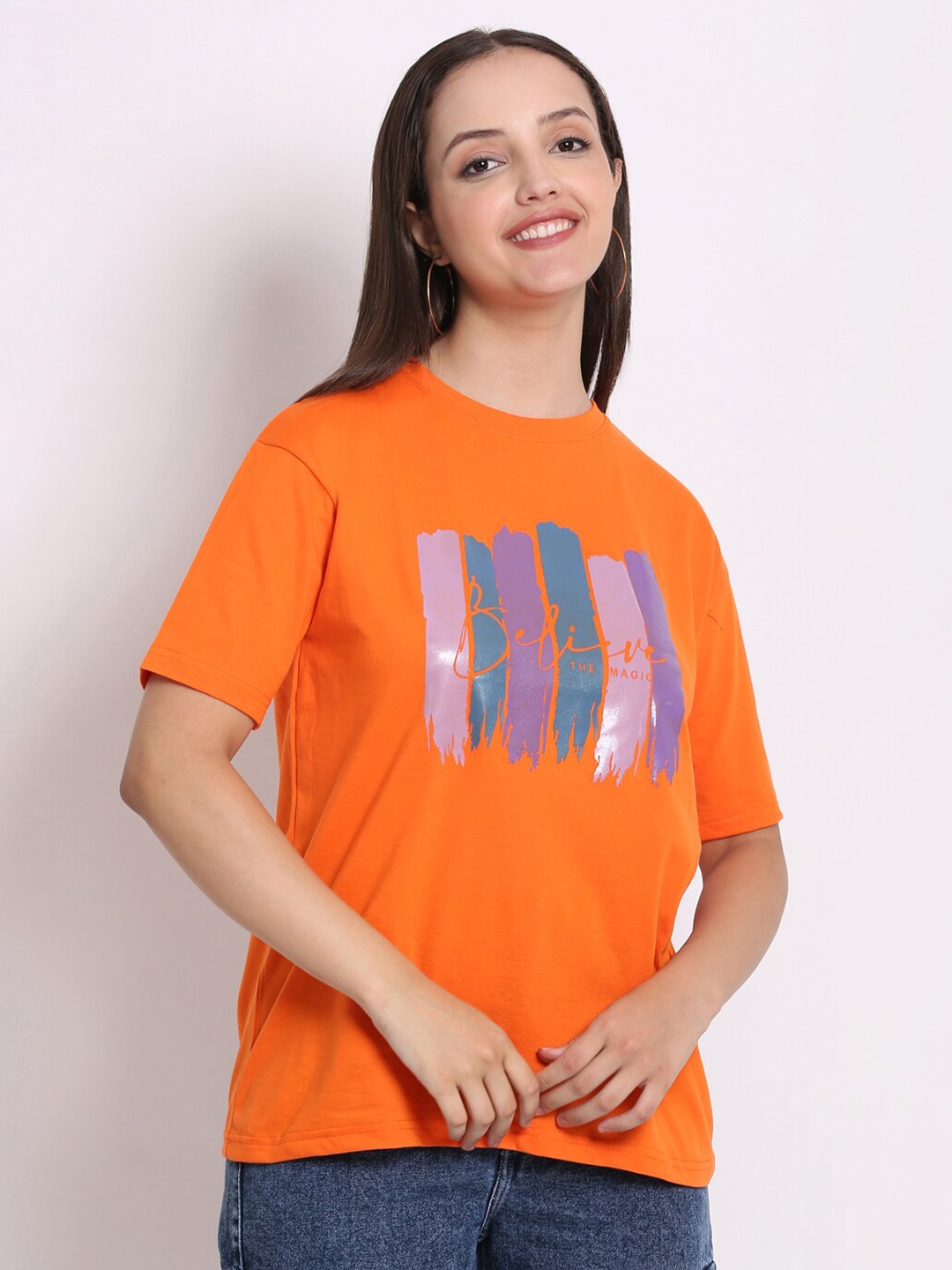 

HERE&NOW Orange Typography Printed Cotton Boxy T-shirt
