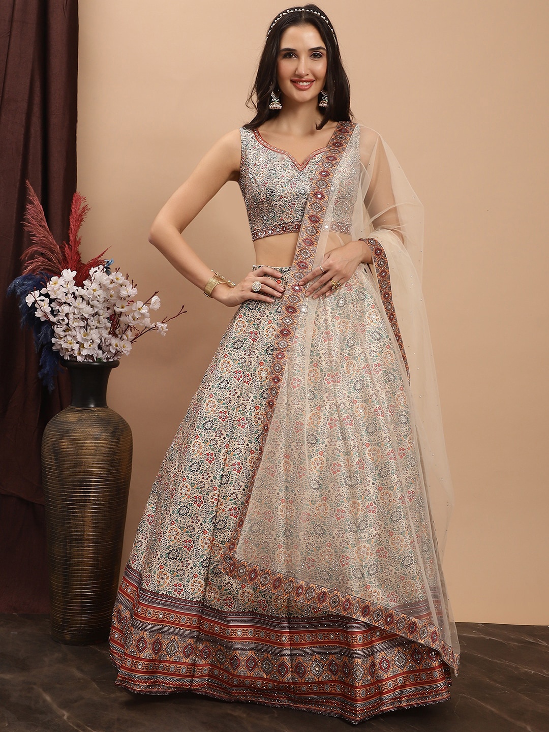 

Grancy Printed Mirror Work Ready to Wear Lehenga & Blouse With Dupatta, Off white