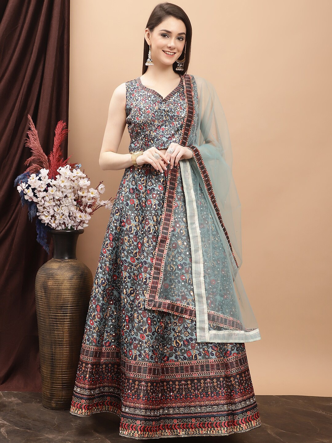 

Grancy Printed Mirror Work Ready to Wear Lehenga & Blouse With Dupatta, Green
