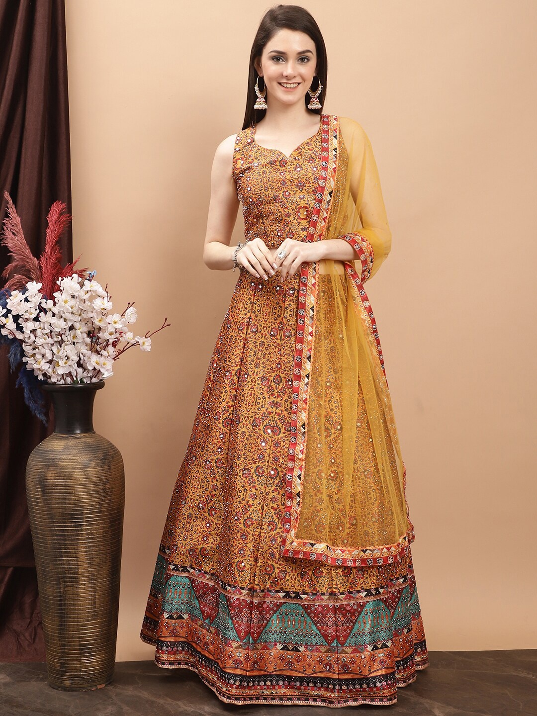 

Grancy Ethnic Motifs Printed Mirror Work Ready to Wear Lehenga & Blouse With Dupatta, Mustard