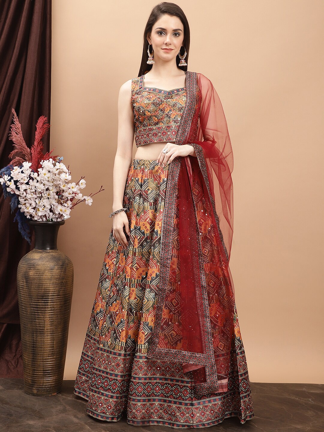

Grancy Printed Mirror Work Ready to Wear Lehenga & Blouse With Dupatta, Orange
