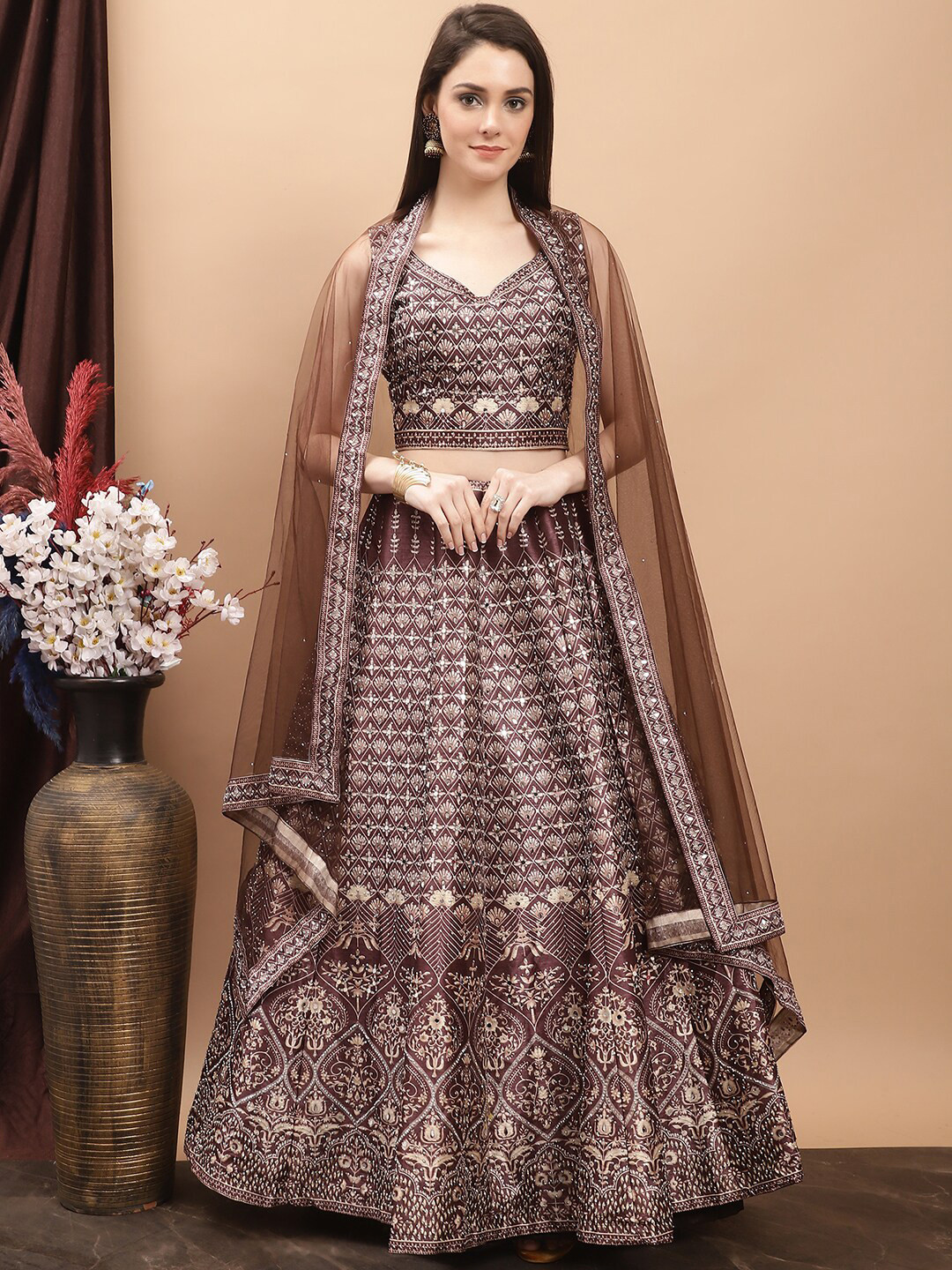 

Grancy Printed Mirror Work Ready to Wear Lehenga & Blouse With Dupatta, Burgundy