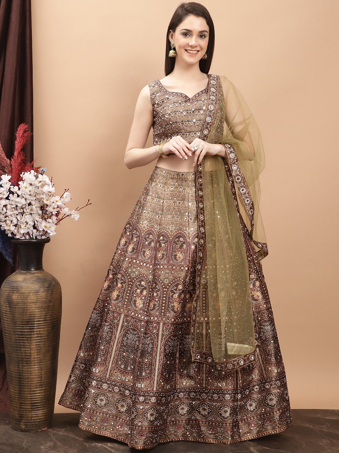 

Grancy Ethnic Motifs Printed Mirror Work Ready to Wear Lehenga & Blouse With Dupatta, Green