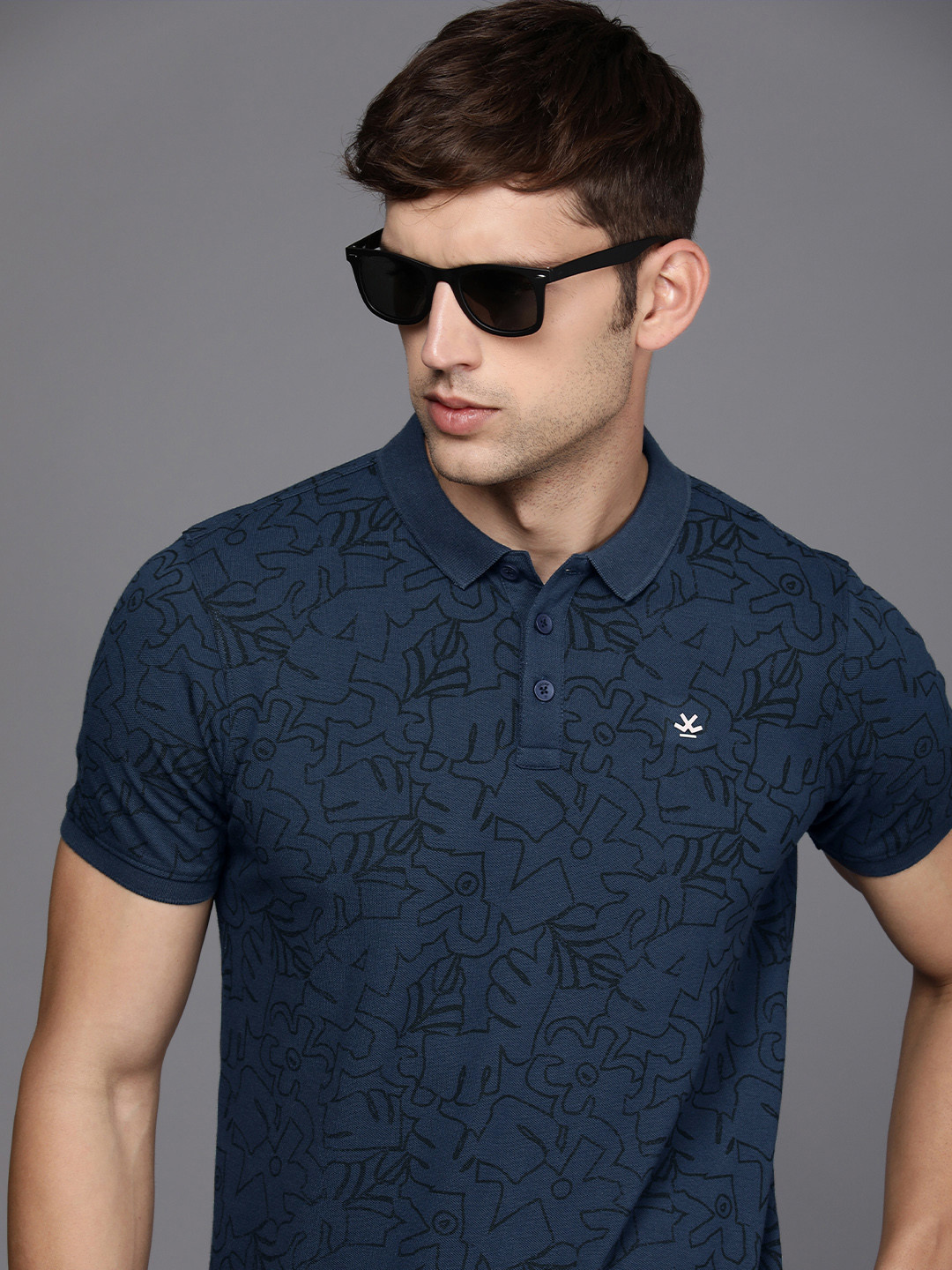 

WROGN Abstract Printed Polo Collar Casual T-shirt, Navy blue