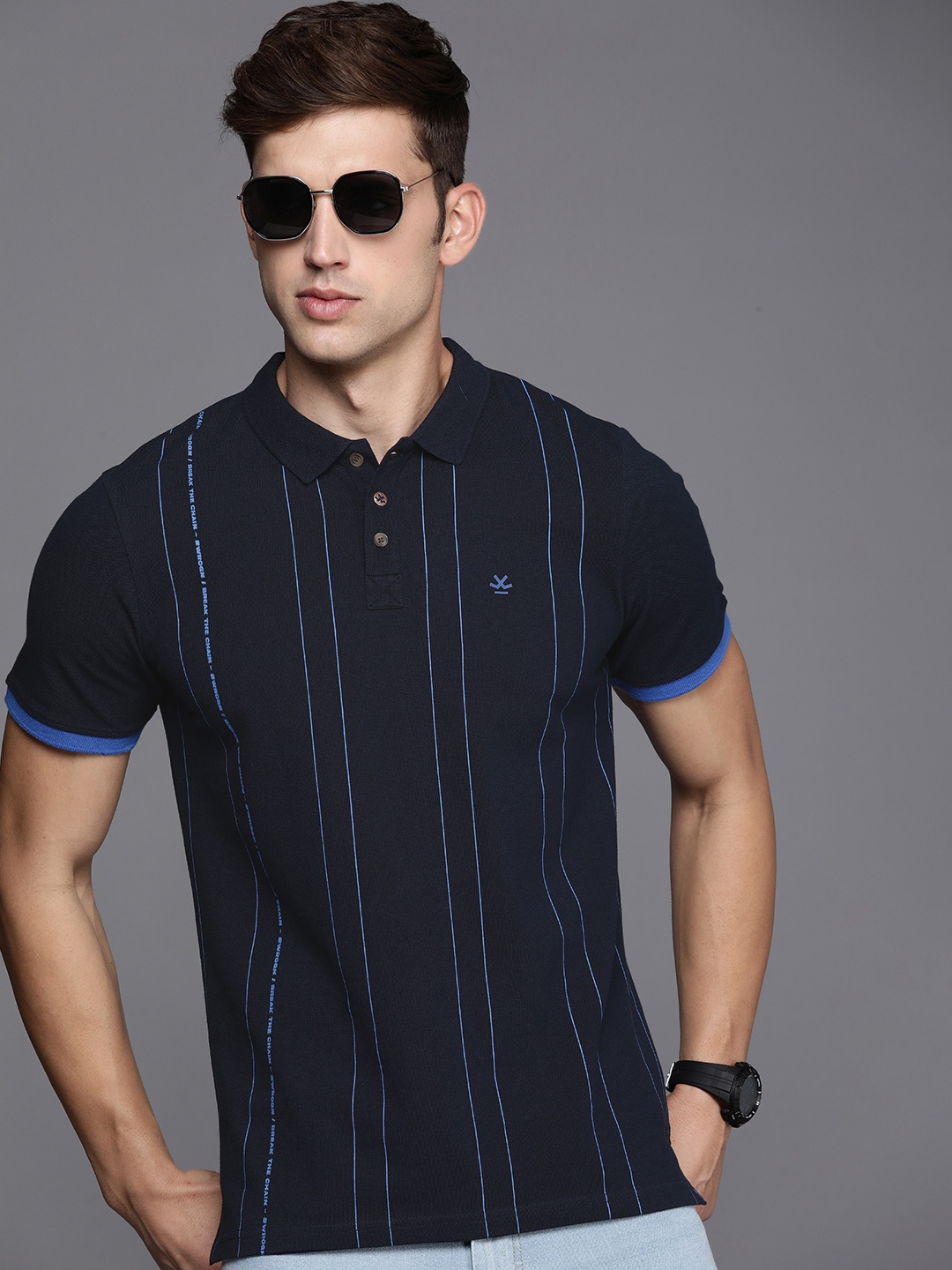 

WROGN Pure Cotton Printed Slim Fit Polo T-shirt, Navy blue