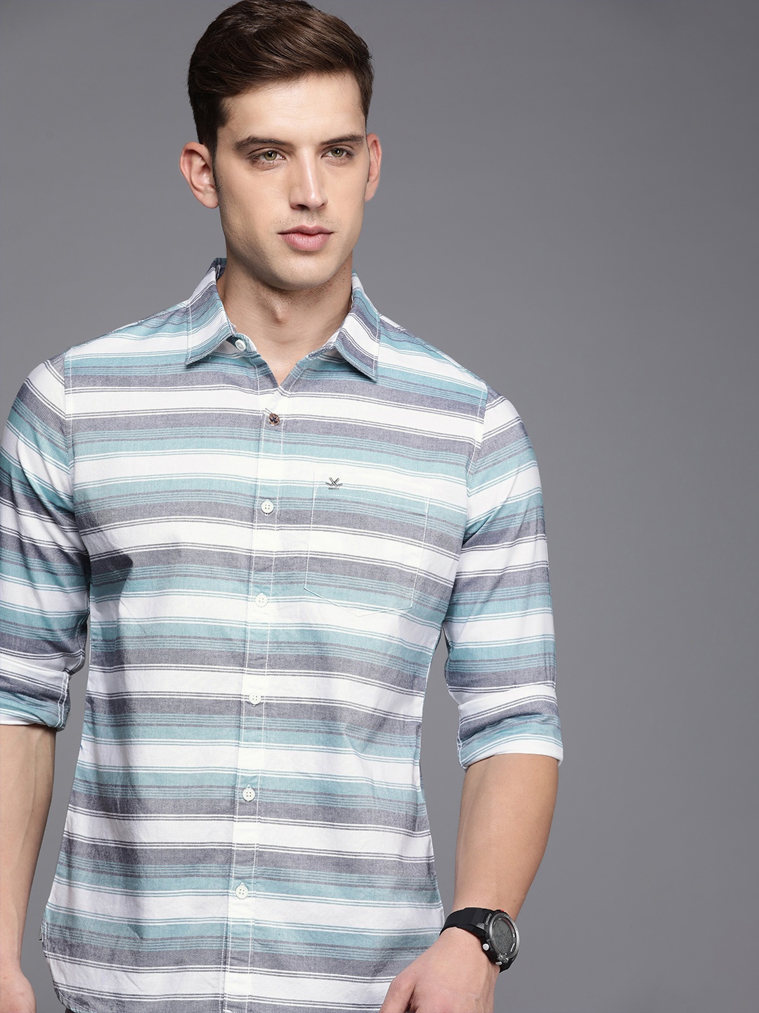 

WROGN Slim Fit Striped Pure Cotton Casual Shirt, Green