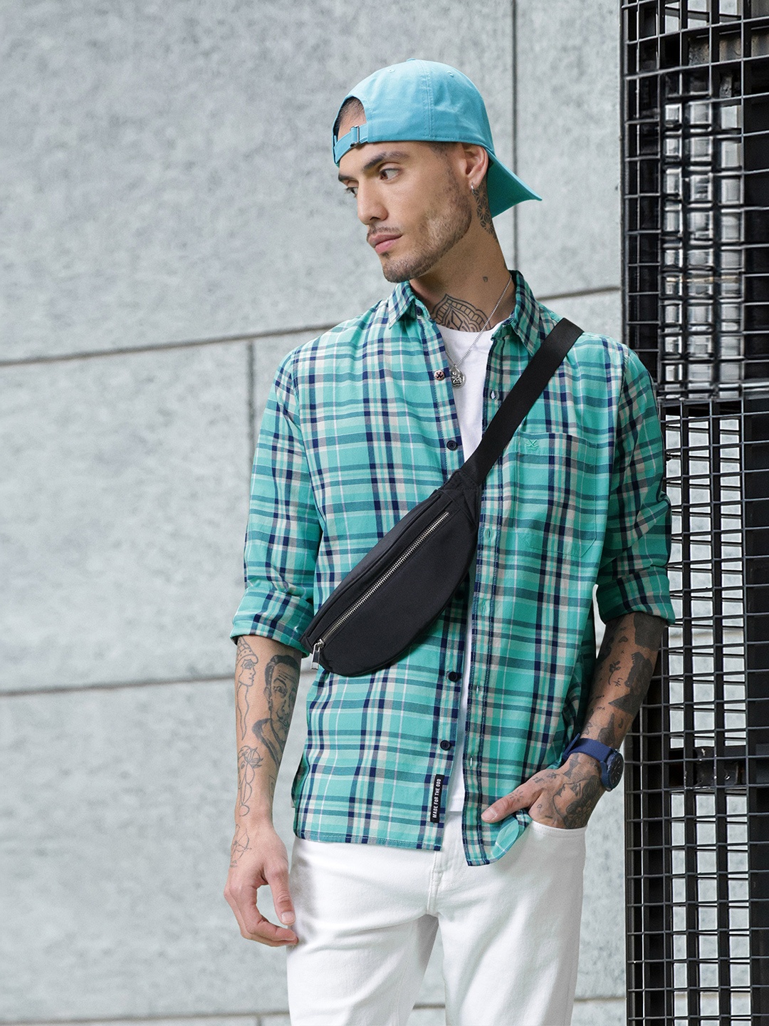 

WROGN Slim Fit Pure Cotton Checked Casual Shirt, Turquoise blue