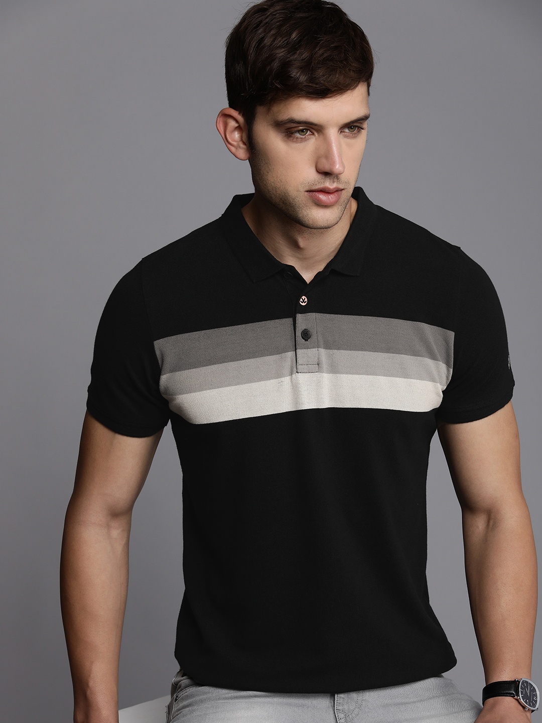 

WROGN Pure Cotton Striped Polo Collar Slim Fit T-shirt, Black