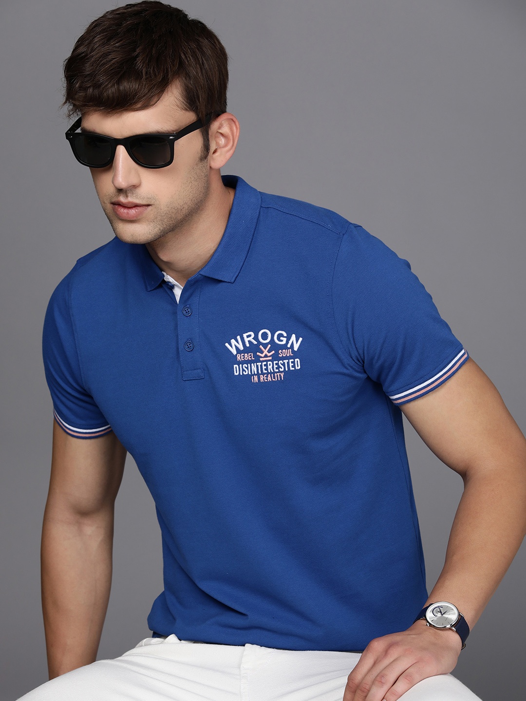 

WROGN Brand Logo Printed Polo Collar Casual T-shirt, Blue