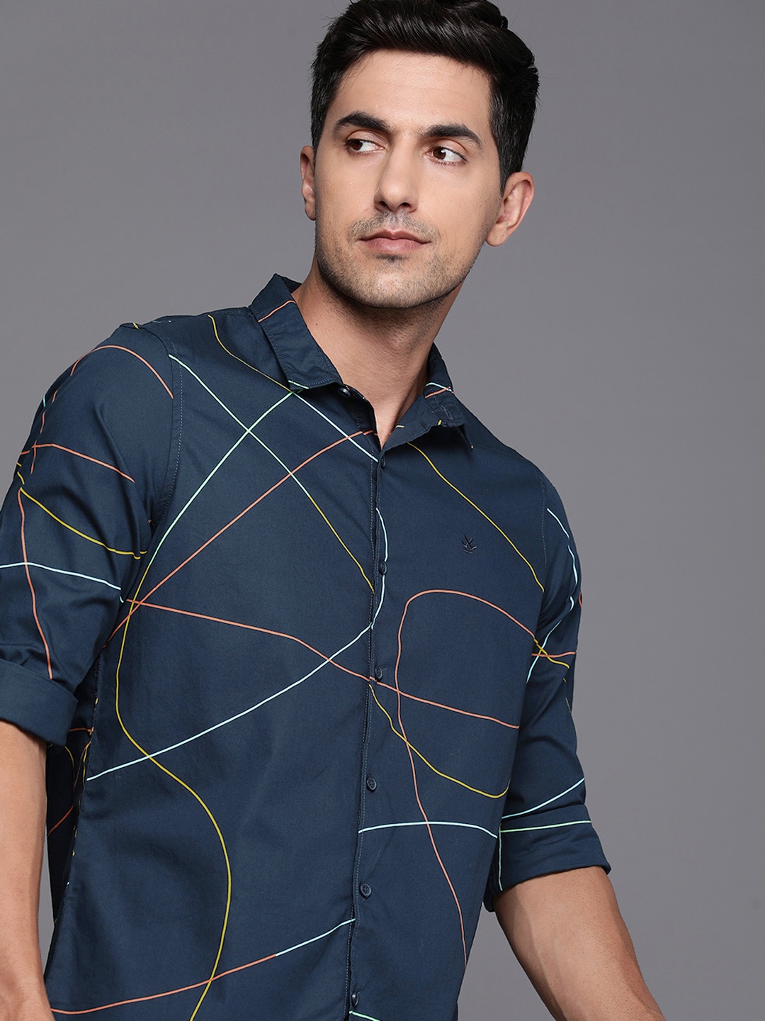 

WROGN Pure Cotton Slim Fit Geometric Printed Casual Shirt, Navy blue