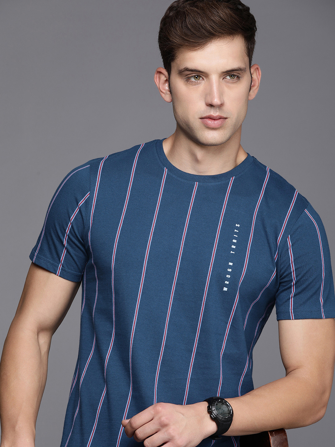 

WROGN Striped Pure Cotton Slim Fit T-shirt, Blue