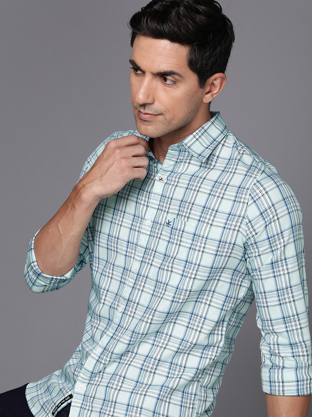 

WROGN Slim Fit Pure Cotton Checked Casual Shirt, Blue