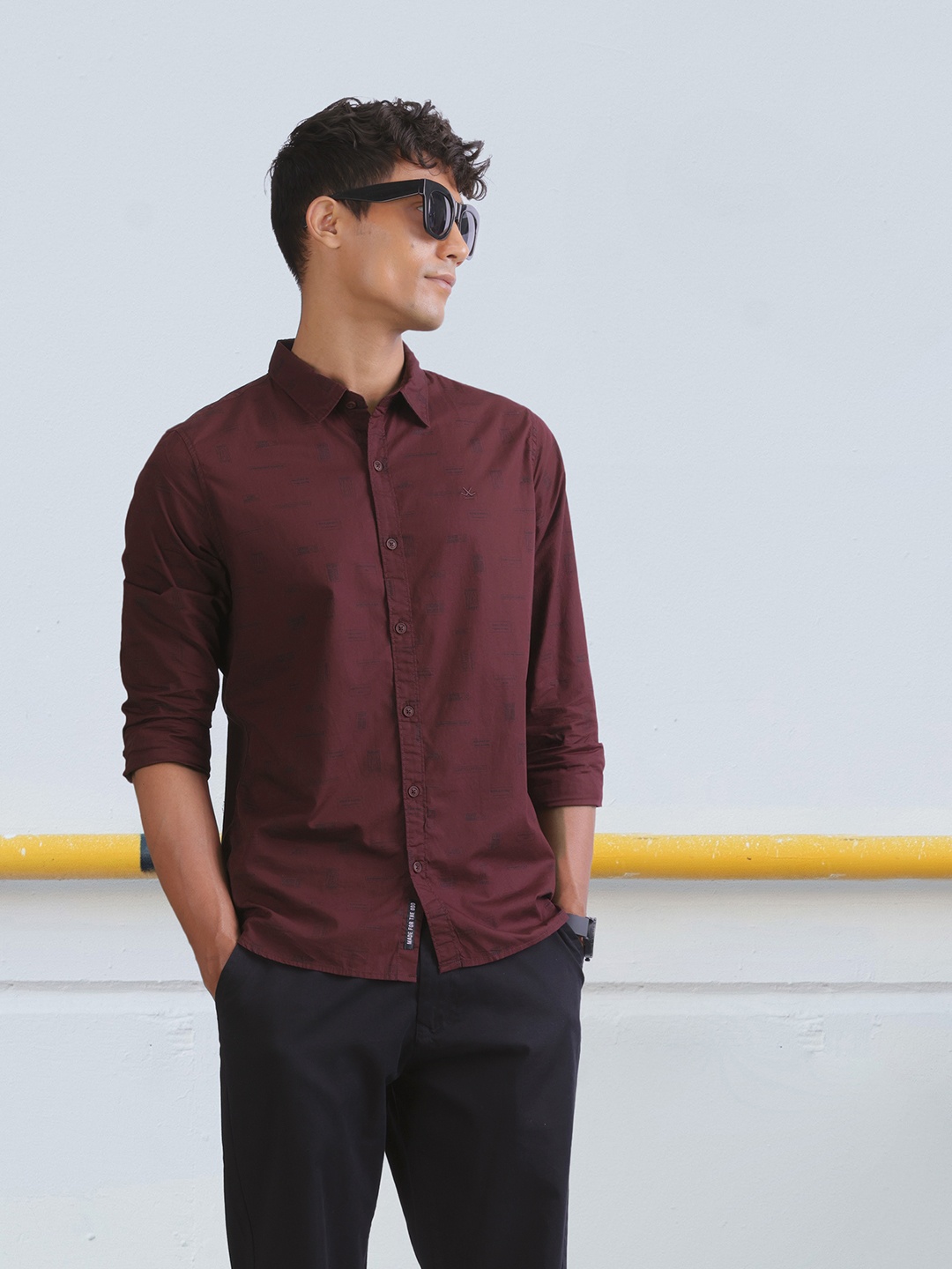 

WROGN Slim Fit Typography Printed Pure Cotton Casual Shirt, Burgundy