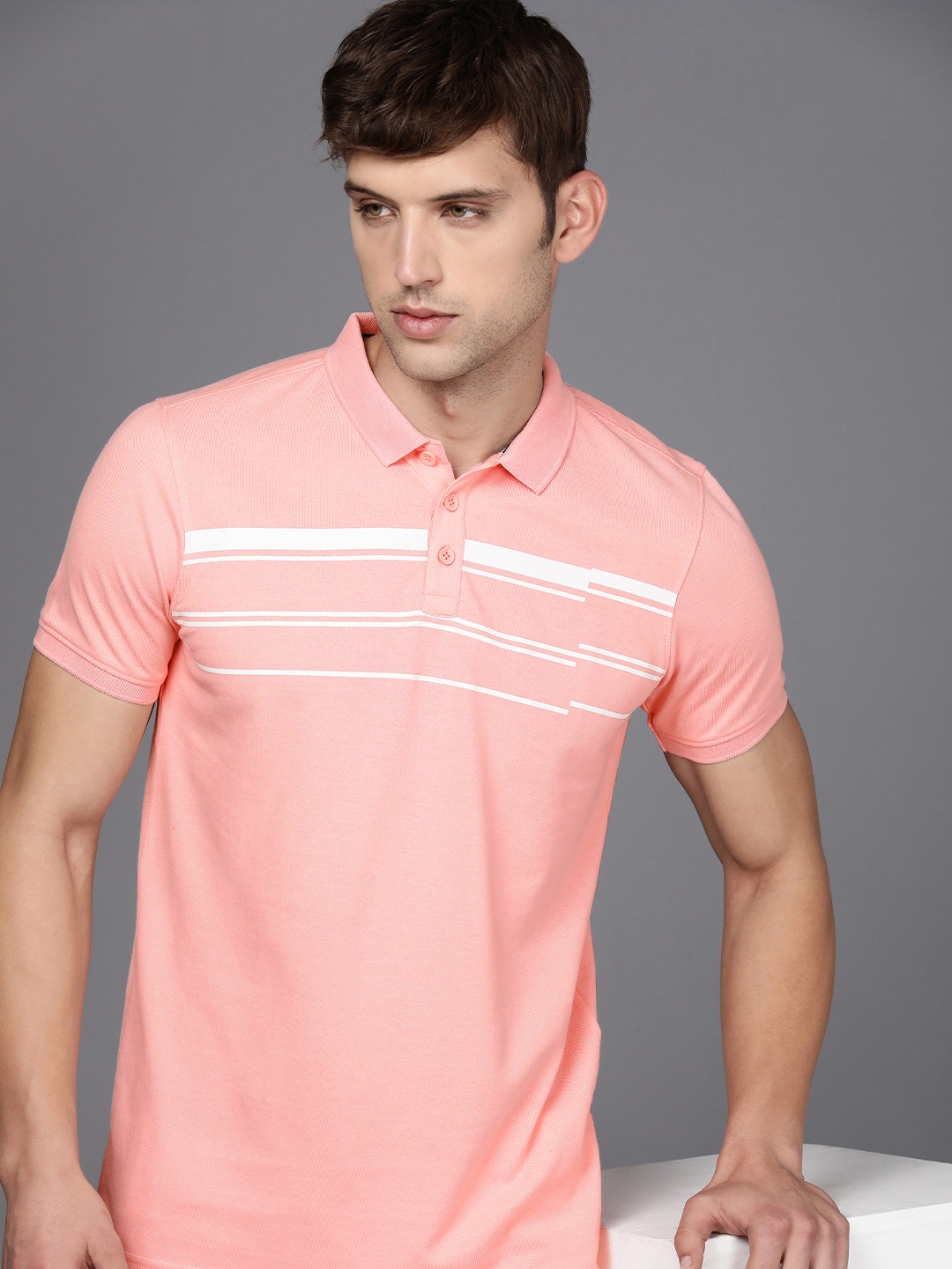 

WROGN Striped Polo Collar Casual T-shirt, Peach