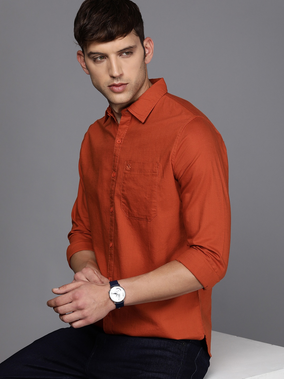 

WROGN Solid Slim Fit Pure Cotton Casual Shirt, Rust