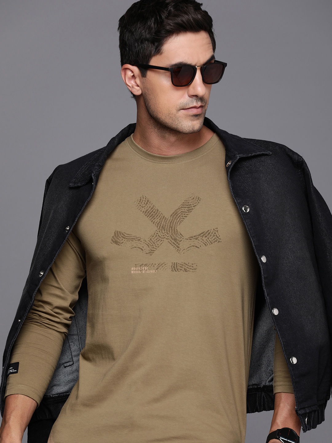 

WROGN Brand Logo Printed Henley Neck Pure Cotton Slim Fit T-shirt, Beige