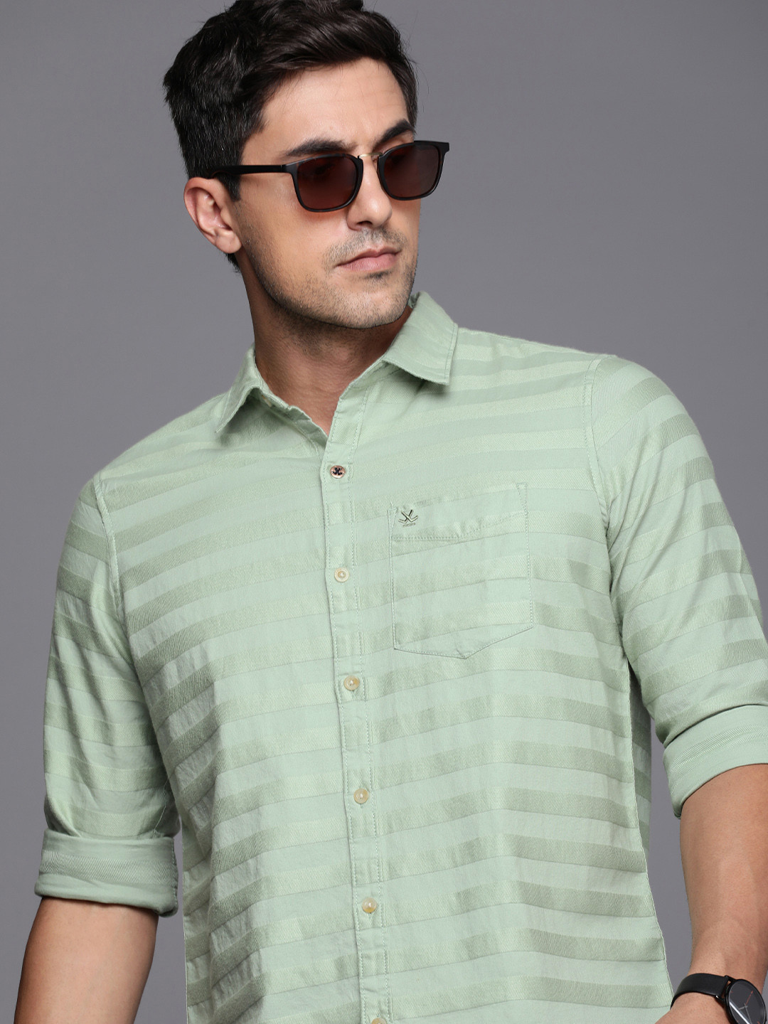 

WROGN Pure Cotton Slim Fit Horizontal Stripes Casual Shirt, Green