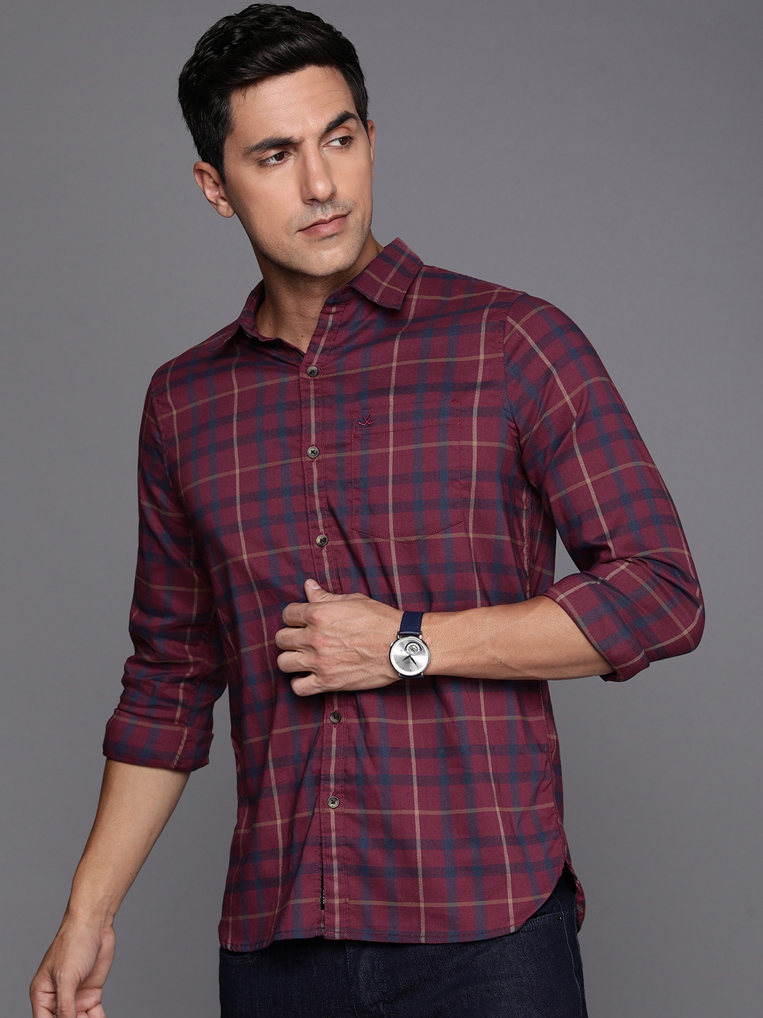 

WROGN Slim Fit Pure Cotton Checked Casual Shirt, Maroon