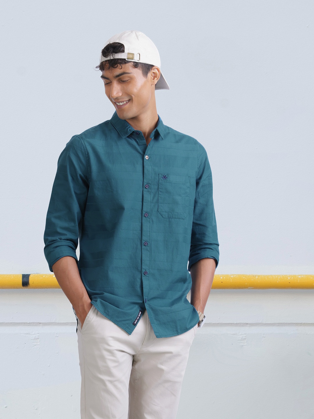 

WROGN Slim Fit Striped Pure Cotton Casual Shirt, Teal