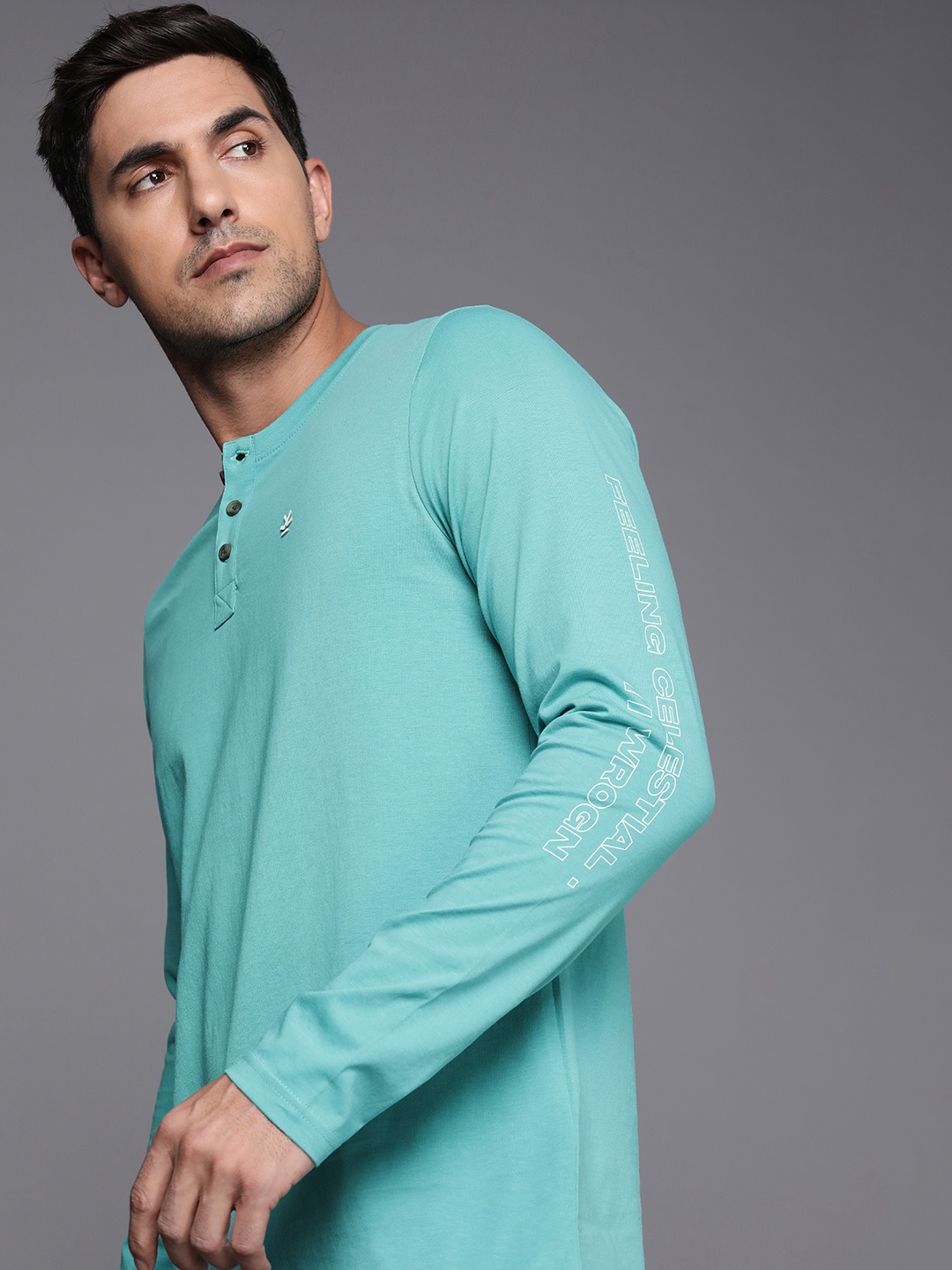 

WROGN Henley Neck Pure Cotton Slim Fit T-shirt, Turquoise blue