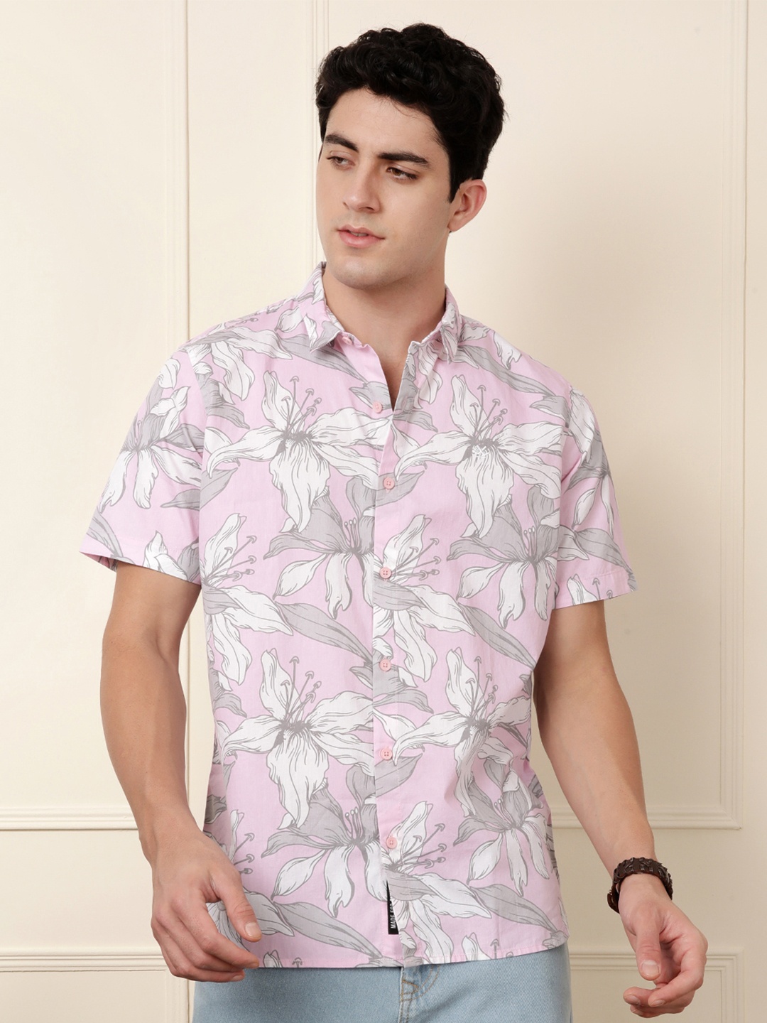 

WROGN Pure Cotton Slim Fit Floral Printed Casual Shirt, Pink