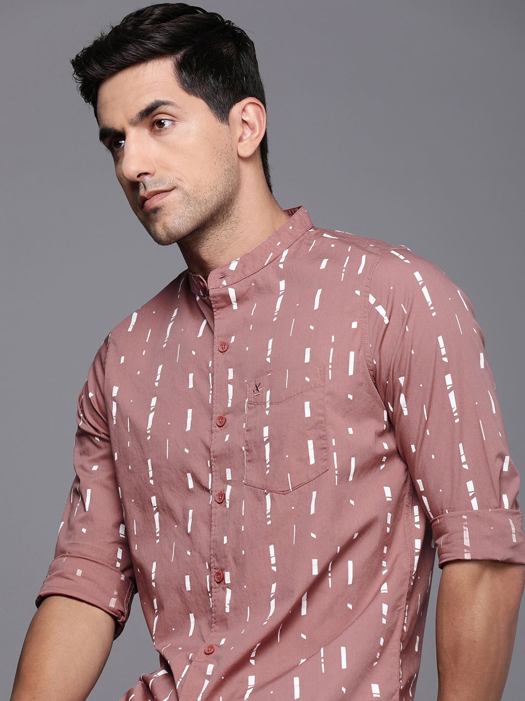 

WROGN Pure Cotton Slim Fit Band Collar Geometric Printed Casual Shirt, Mauve