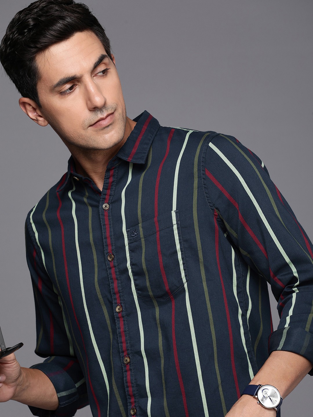 

WROGN Slim Fit Striped Pure Cotton Casual Shirt, Navy blue