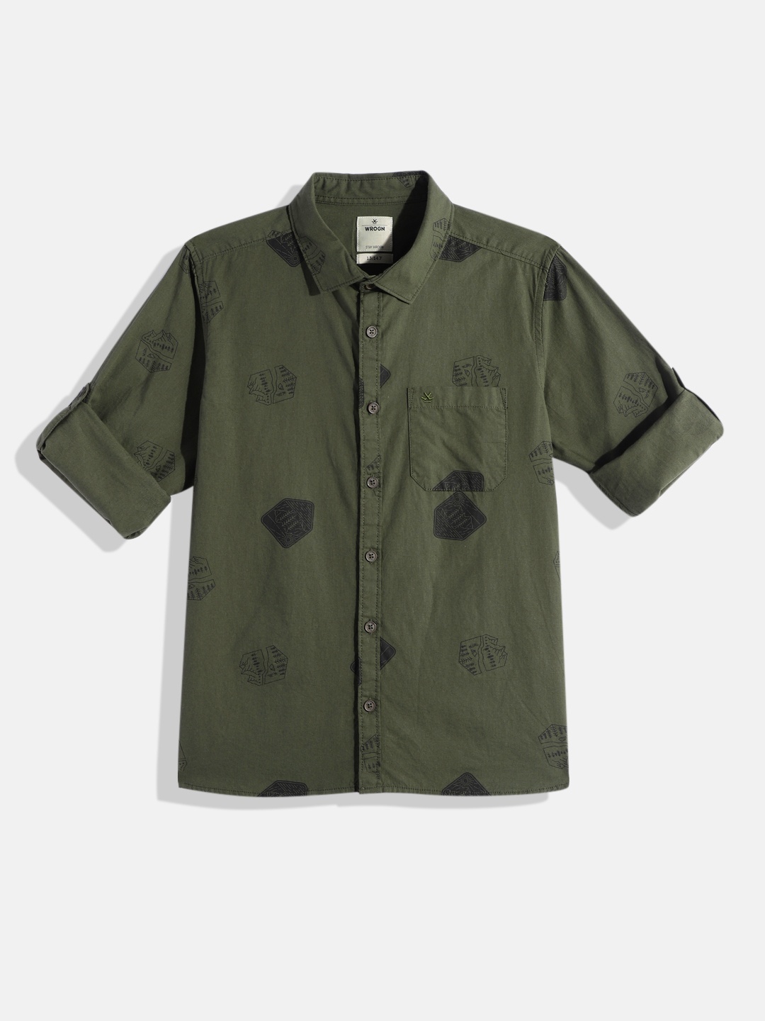 WROGN YOUTH Boys Slim Fit Pure Cotton Printed Casual Shirt, Olive