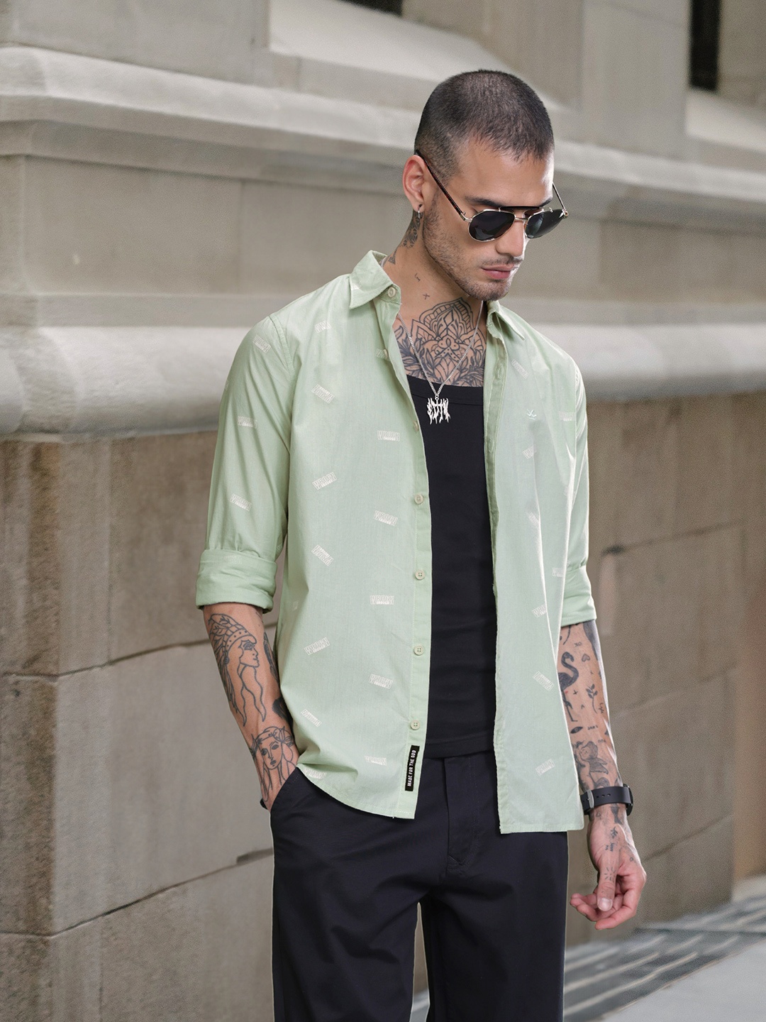 

WROGN Pure Cotton Brand Logo Printed Slim Fit Casual Shirt, Green