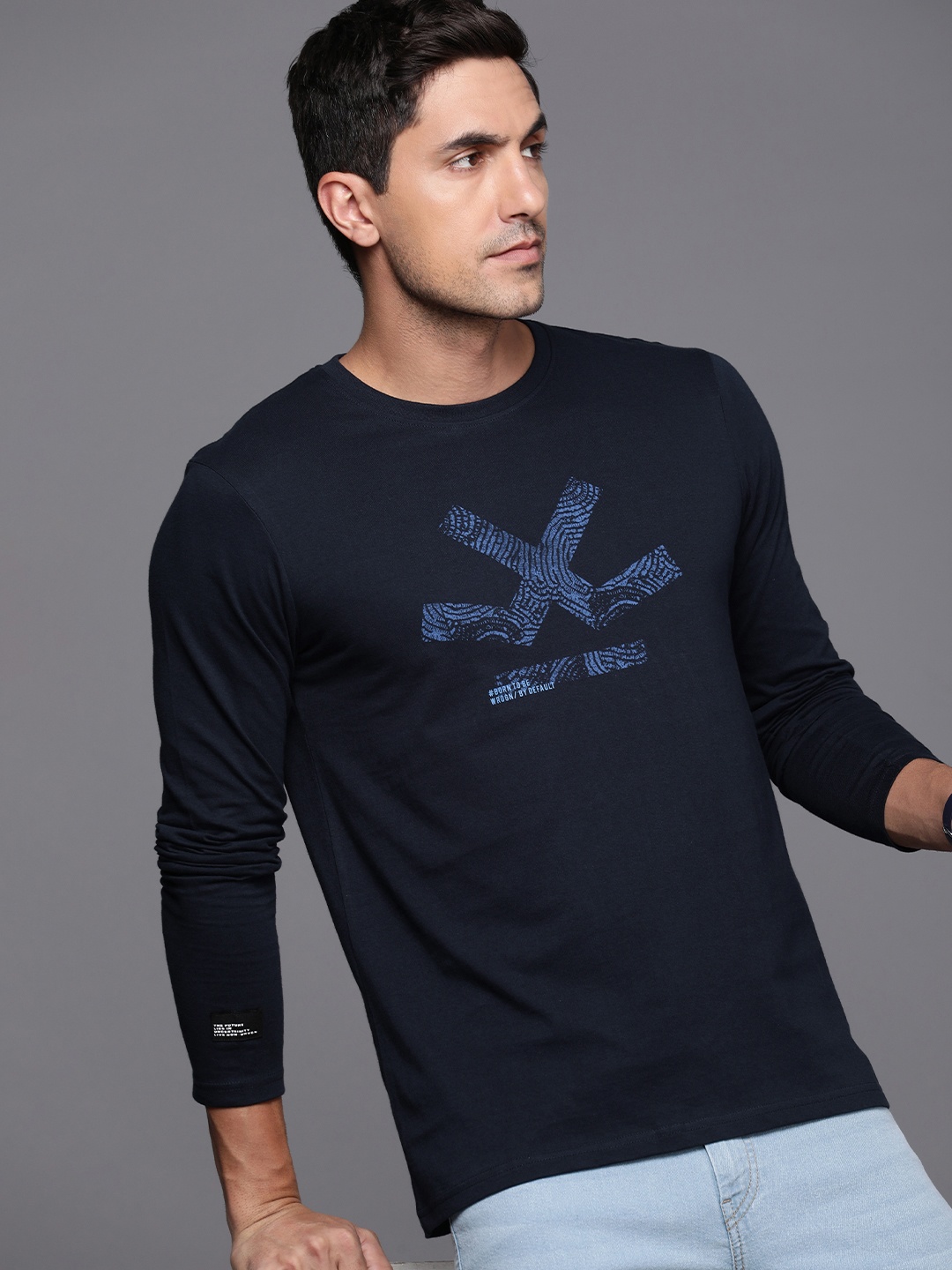 

WROGN Brand Logo Printed Pure Cotton Slim Fit T-shirt, Navy blue
