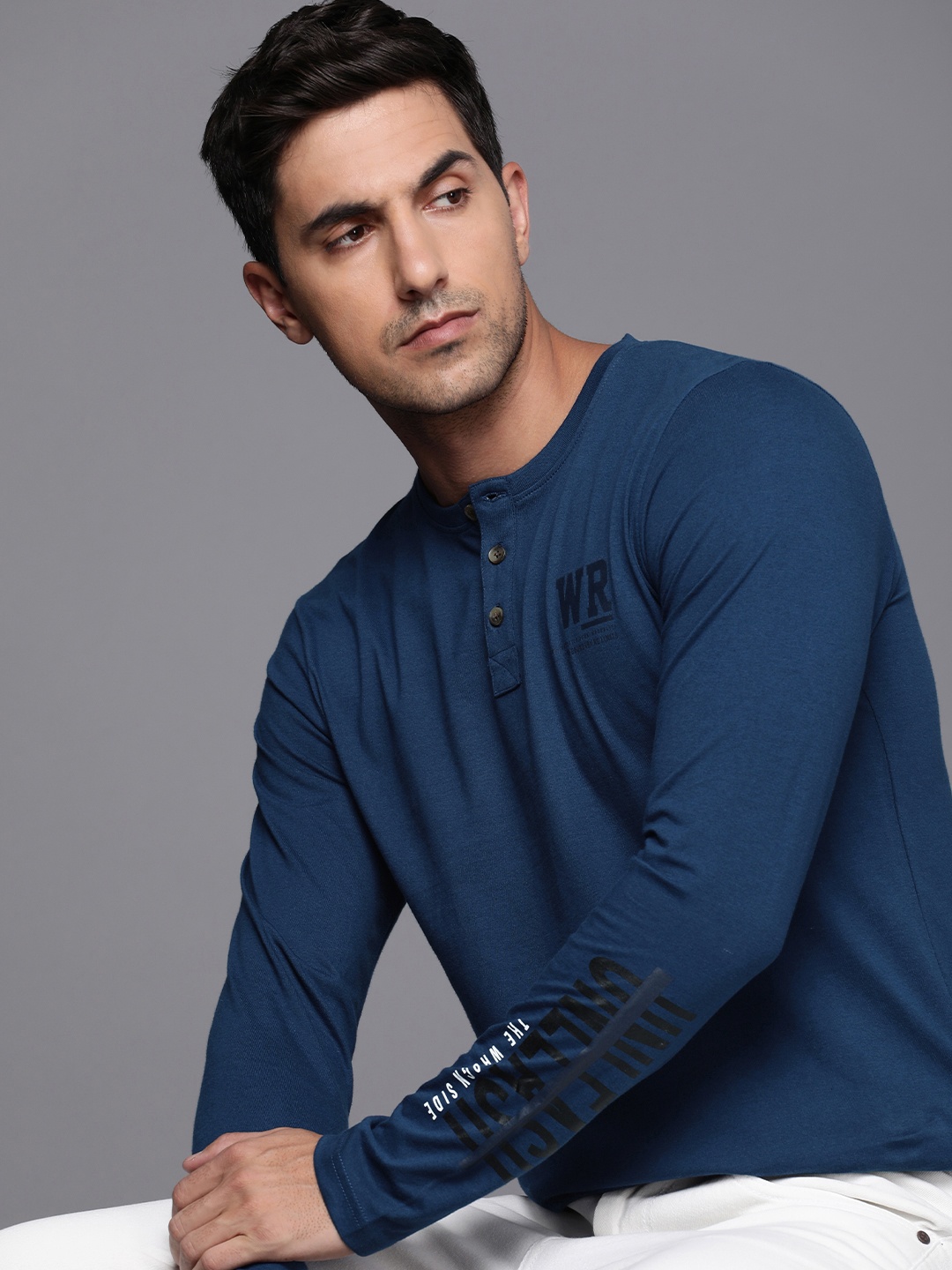 

WROGN Henley Neck Pure Cotton Slim Fit T-shirt, Navy blue