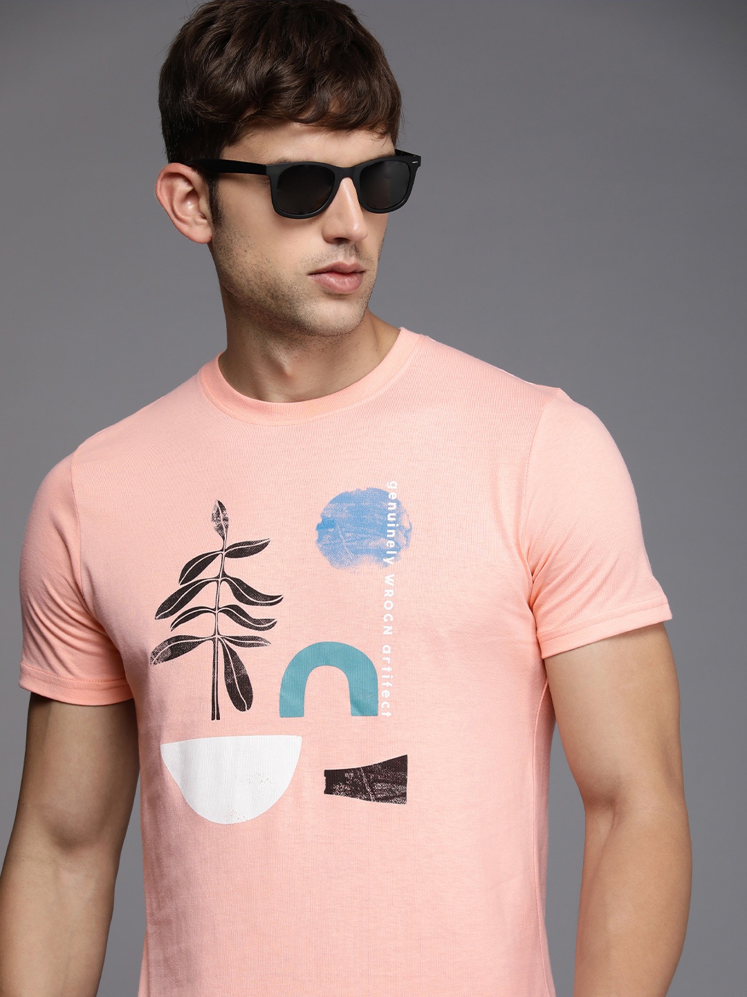 

WROGN Graphic Printed Slim Fit Round Neck Casual T-shirt, Peach