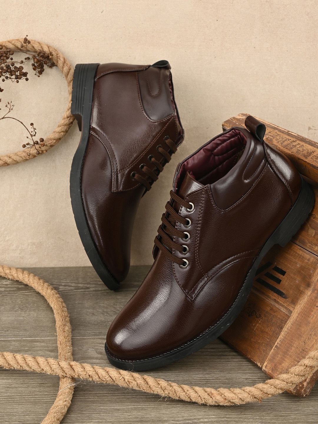 

Mactree Men Brown Solid Synthetic Leather Mid-Top Derbys