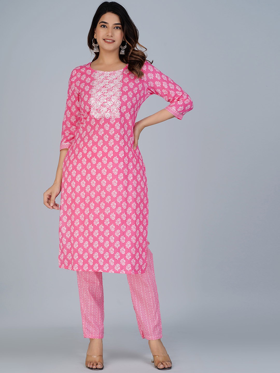 

KALINI Ethnic Motifs Printed Round Neck Pure Cotton Kurta with Trousers & Dupatta, Pink