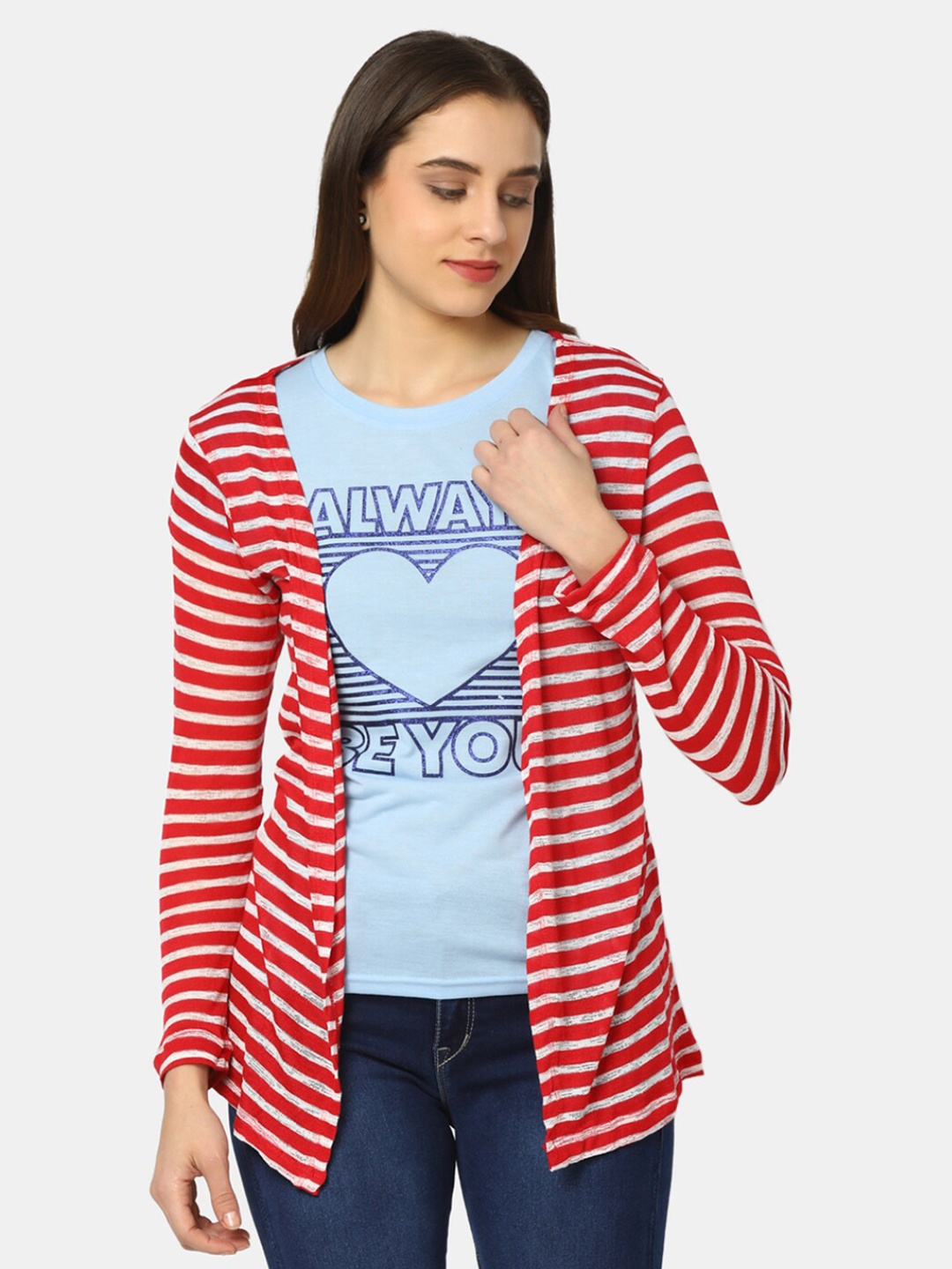 

V-Mart Striped Open Front Shrug, Red