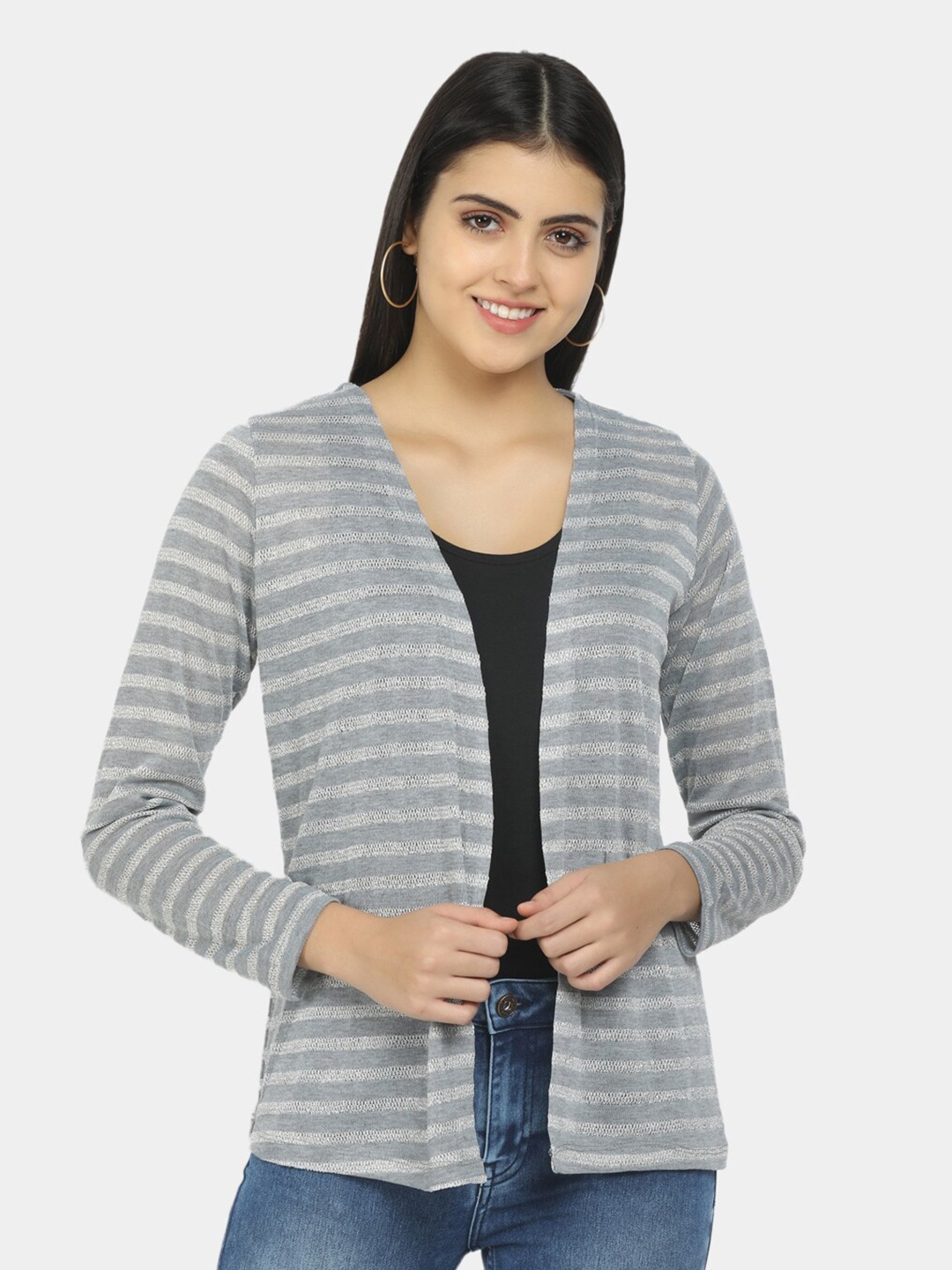 

V-Mart Striped Open Front Monochrome Shrug, Grey
