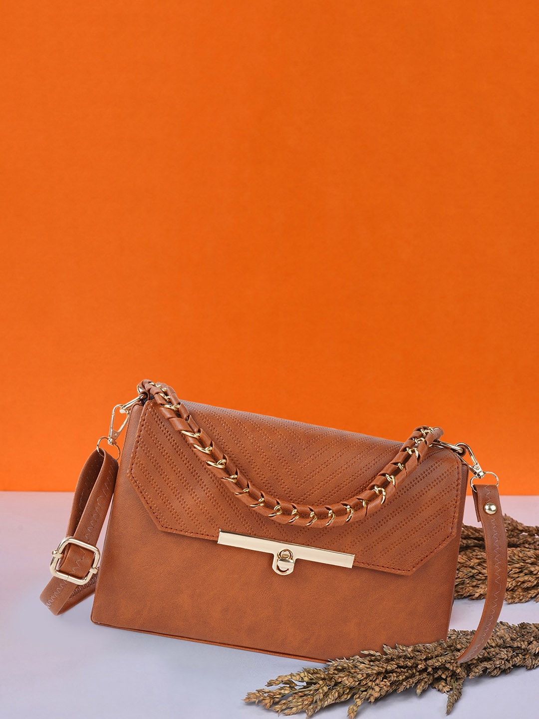 

Mast & Harbour Tan Soild Structured Sling Bag With Buckle Detail