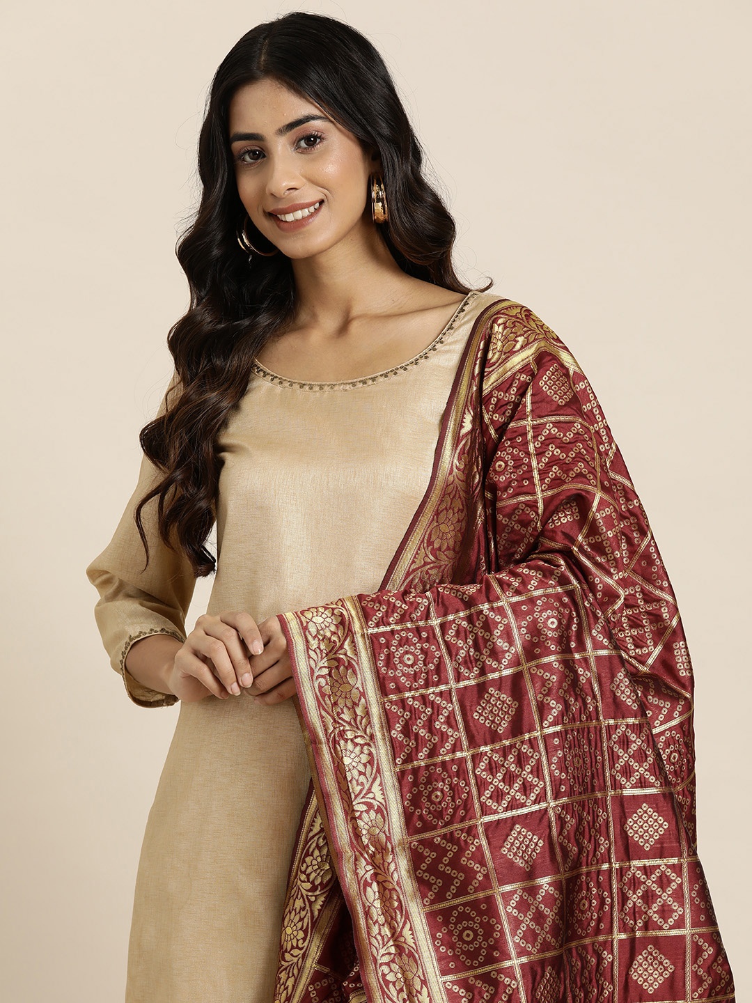 

HERE&NOW Ethnic Motifs Printed Chanderi Dupatta with Zari, Maroon