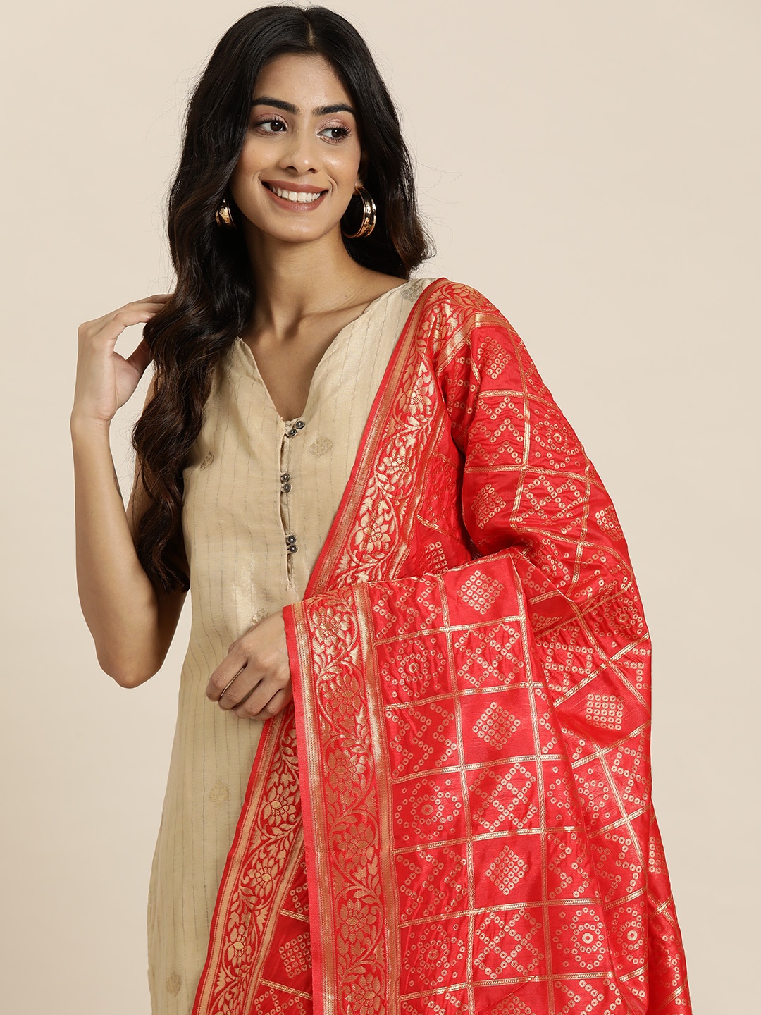 

HERE&NOW Ethnic Motifs Printed Chanderi Dupatta with Zari, Orange