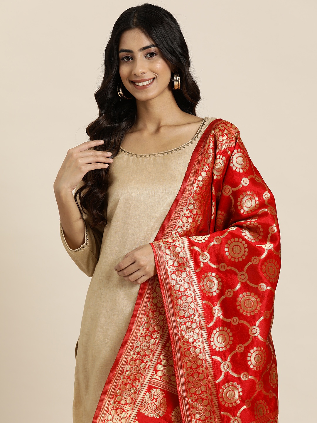 

HERE&NOW Ethnic Motifs Woven Design Chanderi Dupatta with Zari, Red