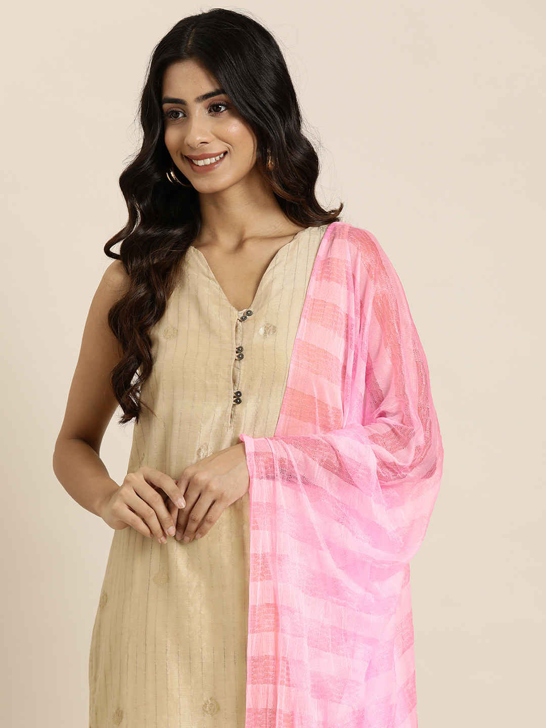 

HERE&NOW Striped Chiffon Dupatta, Pink